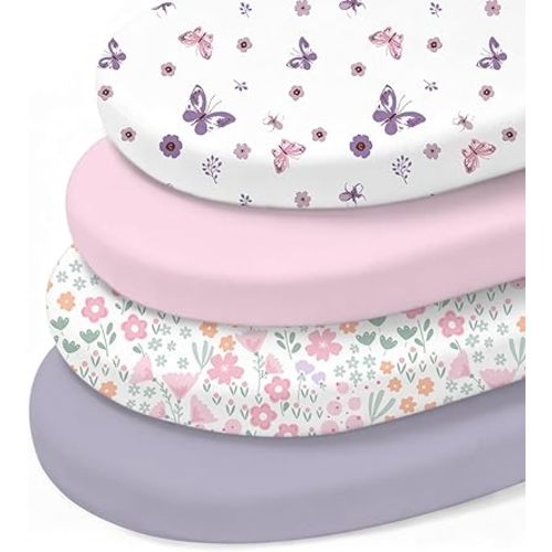 Little Grape Land Bassinet Sheets for Baby Girl 4 Pack, Soft Microfiber Fitted Cradle Sheets 33"x18"x4", Breathable & Snug for Oval/Rectangle Mattress – Pink Floral/Butterfly/Light Pink/Purple