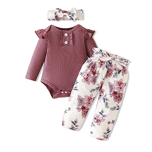 Kislio Newborn Baby Girls Clothes Ribbed Ruffled Romper+Floral Pants+Headband Infant Outfit Set