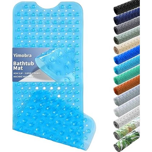 Yimobra Non Slip Bathtub Mat 40 x 16 Inch, Extra Long Shower Mat with Drain Holes, Machine Washable Baby Bath Mats, Strong Suction Cups for Bathroom Floor, Clear Blue