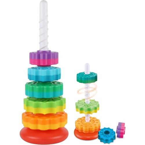 JUXUE Baby Spinning Stacking Toys for Toddlers 1-3, Rainbow Ring Stacker Montessori Toys for Babies for 12 Months, 1 2 3 One Year Old Girl Boy Christmas Birthday Gifts, Autism Sensory Learning Toy