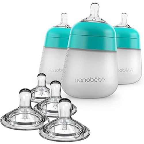 Nanobebe Silicone Baby Bottles 9oz 3pk Teal Bundled with Silicone Baby Bottles Nipples 4pk Fast Flow