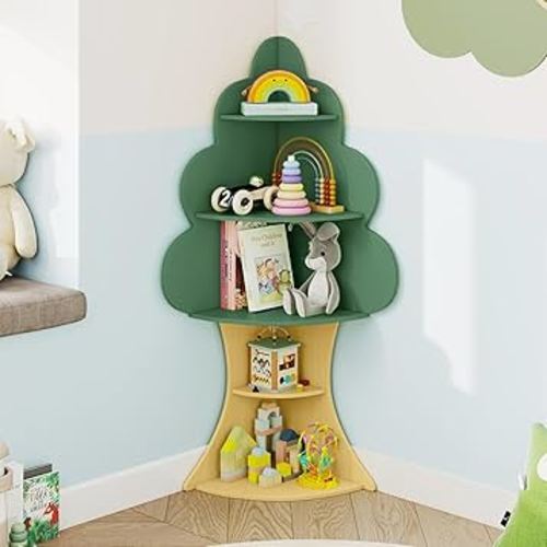 HONEY JOY Tree Kids Bookshelf, 5-Tier Wooden Toddler Corner Bookcase, Children Book Rack & Magazine Display Shelf, Toy Storage Organizer, Book Shelf for Kids Rooms, Playroom, Nursery, Classroom