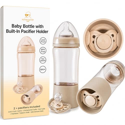 Baby Bottle with Built in Pacifier Storage, 8oz 240ml, BPA Free, Anti Colic, Includes Pacifier, Medium Flow