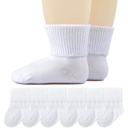 Baby Socks Newborn Seamless Crew Socks Infant Turn Cuff Socks Baptism Christening Baby Girls Boys 0-3/3-12 months 6/12 Pack