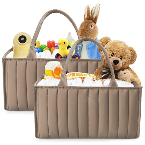SWEET DOLPHIN 2-Pack Quilted Diaper Caddy Organizer  Premium Puffer Style Nursery Storage Bins  Water-Resistant & Wipeable Changing Table Organizer  Trendy Tote for Home & Car Travel - Mocha Brown