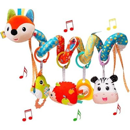 Baby Car Seat Toys, Infants Activity Spiral Plush Toys for Babies 0-6 Months Hanging Stroller Toy Gift for Infant Boys and Girls 0 3 6 12 Months Newborn Sensory Toy with Rattles Squeaker Music - Fox