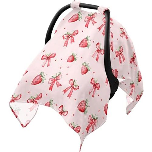 Strawberry Bows Cute Infant Car Seat Cover Baby Stroller Carseat Covers Canopy Girls Muslin Breathable Soft Lightweight Sun Shade Universal Fit