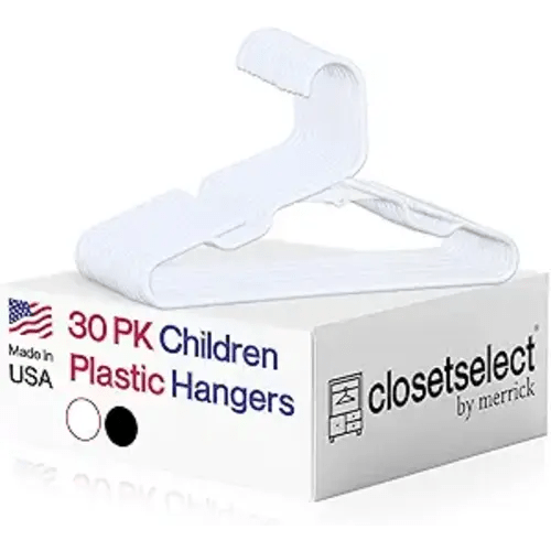 Childrens Hangers 30 Pack - 11.75 Inch Plastic Kids Hangers for Closet, Baby Hangers for Children Clothes Sizes 0 to 8, Non-Slip Infant Hangers with Shoulder Grooves, Made in USA | White