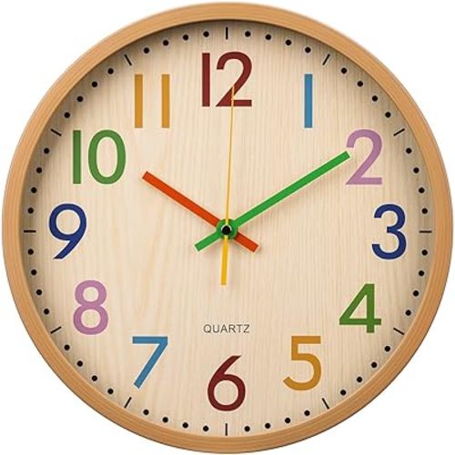 Kids Wall Clock Silent Non-Ticking Colorful Childrens Clock Round Decorative Wall Clocks for Classroom, School, Office, Bedroom, Living Room, Kitchen (Bamboo Grain, 12 inch)