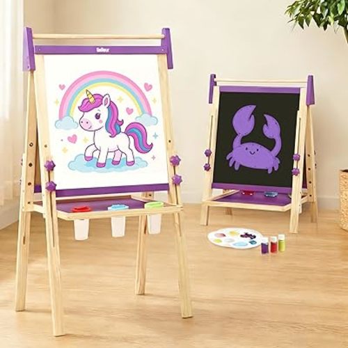 Belleur Wooden Art Easel for Kids 2+, Adjustable Double Sided Easel for Toddlers with Dry-Erase Board & Magnetic Whiteboard & Paper Roll Rod, 28"-40" Height Learning Toys, Gift for Child - Purple
