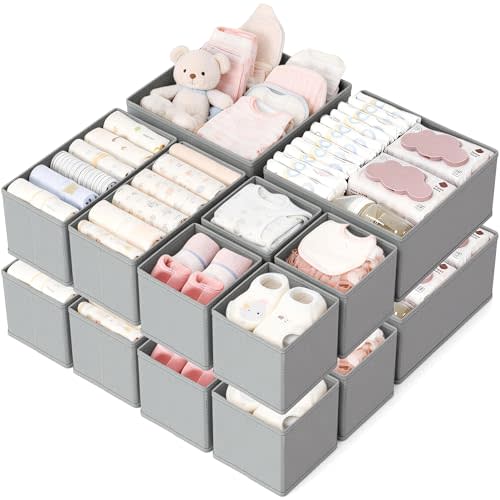 Drawer Organizer, 16 Pack Baby Dresser Organizer for Nursery, Foldable Closet Organizers and Storage Dresser Dividers for Clothes, Socks, Scarves, Ties (Gray)