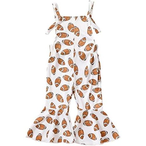Baby Girl Toddler Ribbed Football Game Day Bell Bottom Overalls Knot Strap Kids One Piece Jumpsuit Romper