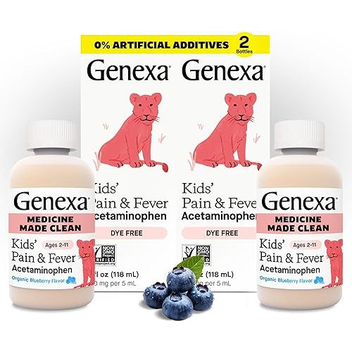 Genexa Children's Clean Acetaminophen | Pain & Fever Reducer for Kids | Kids Medicine, Dye Free Acetaminophen, 0% Artificial Additives | Ages 2-11, Delicious Organic Blueberry Liquid, 8 fl oz (2 Pack)