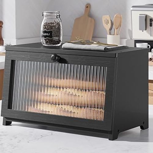 Kitsure Bread Box - Wooden Bread Box for Kitchen Countertop, Large Capacity Kitchen Countertop Organizer, Stylish Bread Storage with Window, Multi-functional Container, Black, 1-Tier