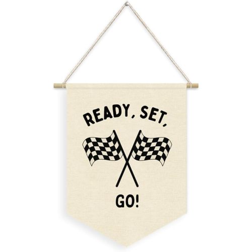 Race Car Room Decor for Boys Linen Pennant Banner - Ready Set Go Racing Pennant Flag Banner Wall Hanging Decor for Car Room Decor for Boys Playroom Nursery