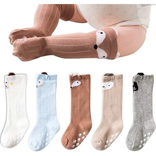 5 Pairs Baby Knee High Cotton Socks Toddler Non-skid Socks 0-36 Months Girls Boys Newborn Infant Stockings, Group B-S (0-12 Months)