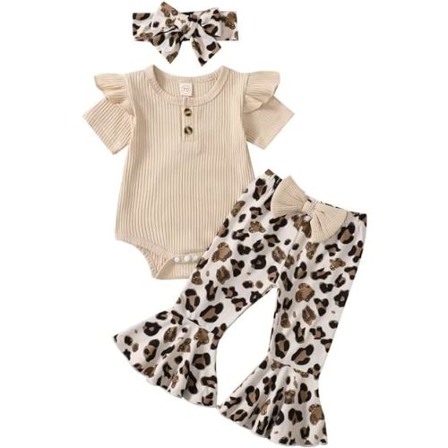 Baby Girl Clothes Infant Rib Button Short Sleeve Romper Leopard Flared Pants Headband Summer Clothing Set 3pcs