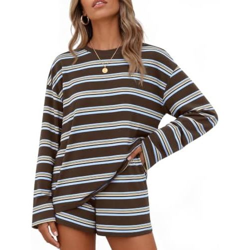 ZESICA Womens 2 Piece Striped Short Sets Fall Lounge Outfit