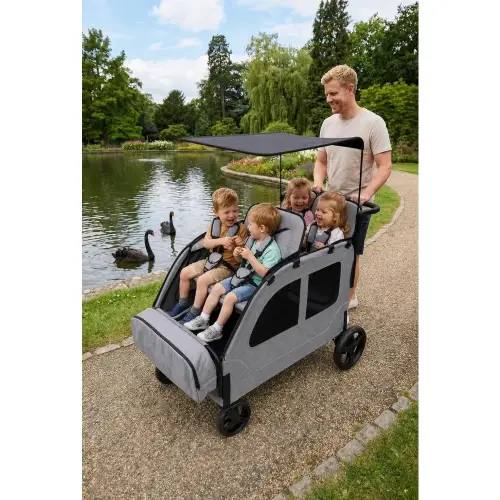 Foldable Wagon Stroller Car Shaped for 2 3 Kids 5 Point Harness Removable Canopy Storage Bag Light Grey