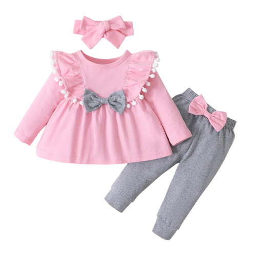TAIAOJING Toddler Baby Girls Outfits Ruffle Long Sleeve Bowknot Tassel Tops Pants Headbands Outfit 3pcs Clothes Sets 3-6 Months