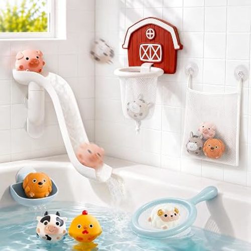 No-Hole Farm Animal Bath Toys for Kids Ages 1-3, Water Slide Toys