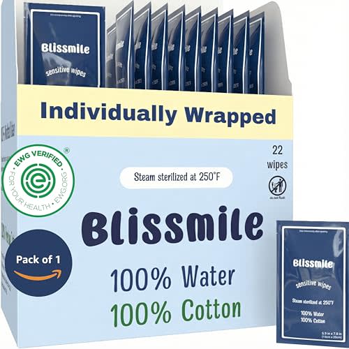 Blissmile 100% Water Wet Wipes - Baby, Women & Sensitive Skin - Unscented & Hypoallergenic - Face, Hand, Body & Feminine Care - Individually Wrapped & Travel Size - 22 Count