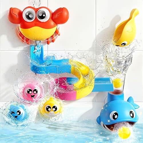 JOVA lalalark Bath Toys for Kids, 7-in-1 Shower Bathtub Toy with Crab, Whale, Rotating Fish & Slide Track, Interactive Water Play Set with Pour & Spray Fun for Toddlers, Boys Girls Birthday Gifts 3-5