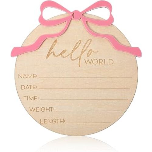 Baby Announcement Sign, Pink Bow Welcome Baby Sign, Wooden baby Name sign for Photo Props Hospital Nursery