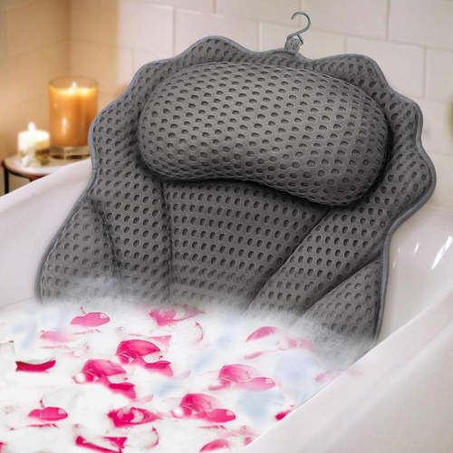 Luxury Bath Pillow Tub Spa Pillow with 4D Breathable Mesh and Non-slip Suction Cup, Black Bath Mat Pillow for Head