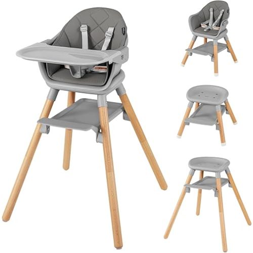 BABY JOY Baby High Chair, 6 in 1 Convertible Wooden Highchair for Babies & Toddlers with Adjustable Legs, Removable Double Tray, Safety Harness & Waterproof PU Cushion (Gray)