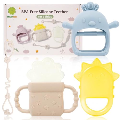 Newborn Gift Set, Silicone Teething Toys – Chick Hand Teether, Freezable Water-Filled Sun & Cloud Teethers, Soothing Sore Gums Teether with Anti-Drop Clip for Baby Boys Girls 0-12 Months - Blue