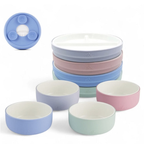 Kids Porcelain Mealtime Bundle | Suction Sleeves | 6.7" Plates + Bowls | 8 Pcs | Blush/Lilac/Sage/Misty Blue
