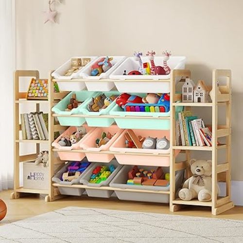 Extra Large Toy Storage - Toy Storage Organizer, Wooden Toy Organizer with 6 Side Shelves and 12 Bins, 3-in-1 Bookshelf for Kids Rooms, Playroom, Nursery, Multi Color