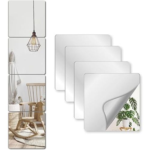 Unbreakable Mirror Tiles Self Adhesive,4PCS 8”x8” Toddler Mirror for Classroom Decor, Peel and Stick On Small Mirrors for Wall Decor, Shatterproof Plastic Mirrors Stickers for Kids Decorative