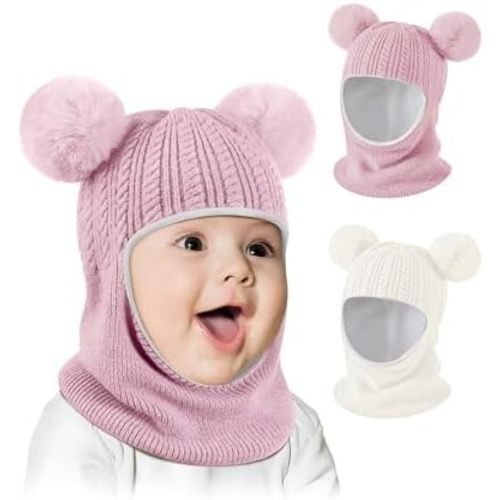 Baby Winter Hat Scarf Set 2 Pack, Toddler Beanie Hats Girl Boy with Neck Warmer, Beanie for Kids Knit Warm for Cold Weather