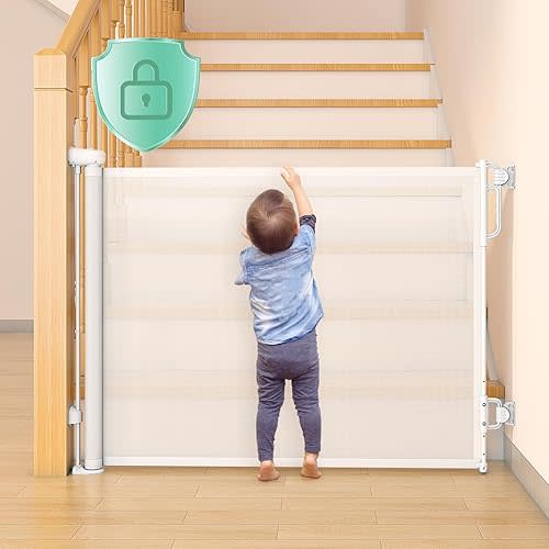 Momcozy Auto Lock Retractable Baby Gate, Safety Gate for Baby and Pet, 33” Tall, Extends to 55” Wide, Mesh Safety Dog Gate for Stairs, Indoor, Outdoor, Doorways, Hallways