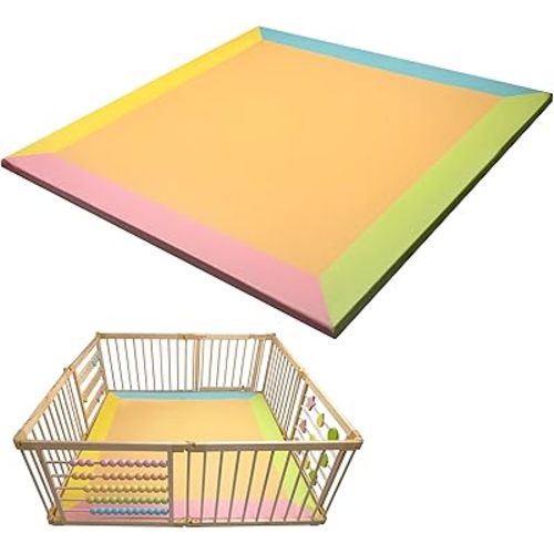 ZETY Baby Wooden Playpen with PU Leather Play Mat - Foldable 8 or 10 Panel Indoor Play Yard with Mat Included, Built-in Toys, Waterproof Floor Mat (Colored, 8-Panel)