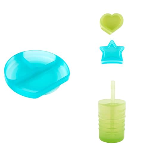 Bumkins Toddler and Baby Suction Plate with Sections, Silicone Divided Grip Dish, Accessory Ramekin/Snack Cups, and Drinking Cup with Straw and Lid, Children Feeding Supplies, Babies Ages 6 Mos Up