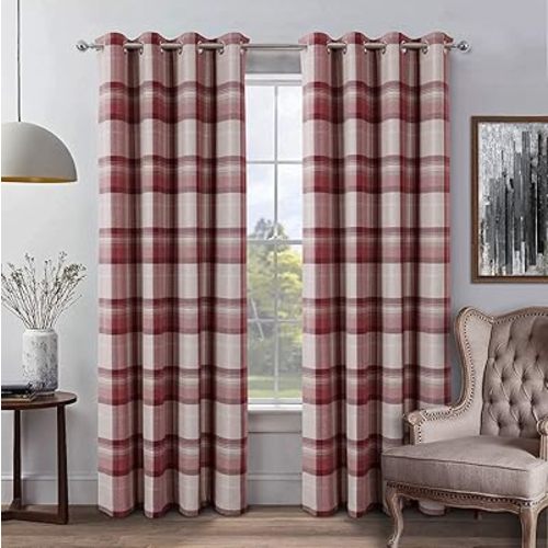 always4u Red Check Curtains Plaid Farmhouse Window Curtains Highland Woolen Look Grommet Drapes for Living Room Bedroom 2 Panels 54 * 63 Inches