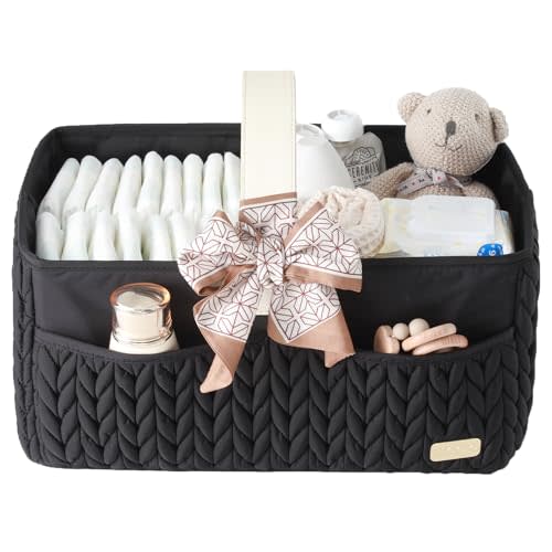 Luxurious Baby Diaper Caddy, Nursery Storage Basket for Newborn Essentials, Travel Baby Basket for Diapers Baby Wipes, Organizer Tote Bag Storage Bin, Baby Shower Gifts(black)