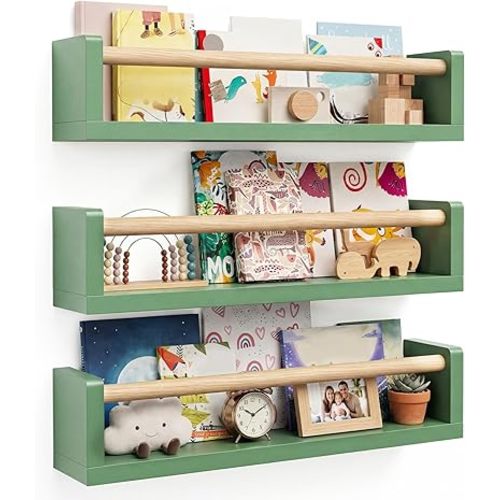 16 Inch Floating Book Shelves for Nursery Set of 3 Sage Green Wood Hanging Bookshelf Room Wall Shelf for Toys Decorative Displays Storage Nursery Decor