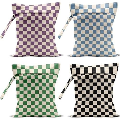 4 Pack Cute Wet Bag Waterproof Washable Reusable Wet Dry Bag for Swimsuit Dirty Clothes Diaper Travel Pool Yoga Gym Christmas Birthday Party Camping Toiletries Beach Essentials, Colorful Checkered