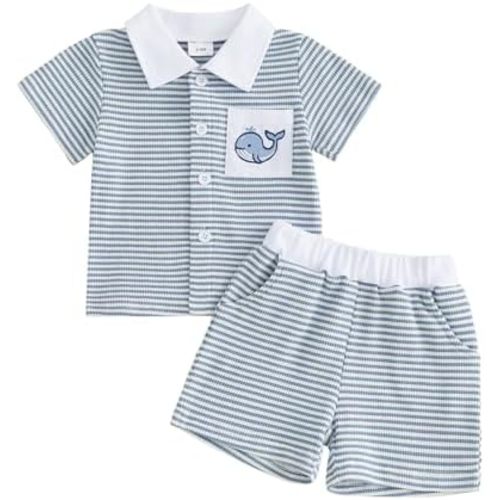 fhutpw Baby Toddler Boy Clothes Striped Button Down Shirt Tops + Elastic Waist Shorts Infant Boys Summer Outfits 2PCS Sets