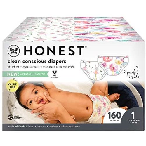 The Honest Company, Super Club Box Diapers with TrueAbsorb Technology Bunnies, Rose Blossom + Tutu Cute, Size 1, 160 Count - Rose Blossom & Bunnies