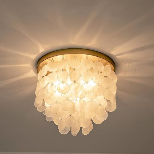 JC TOPA 3-Lights Capiz Shell Ceiling Light Fixtures, Gold Boho Flush Mount Ceiling Light for Living Room, Bedroom, Kitchen Island, Foyer, Entryway, Seashell Coastal