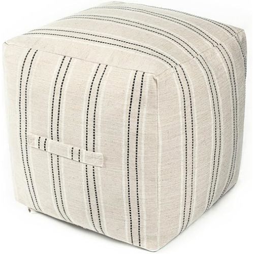 AELS Unstuffed Farmhouse Pouf Cover for Living Room, Boho Storage Bean Bag Cubes, Beige with Black Stitch Yarn Dyed Stripe Square Ottoman Pouf Foot Rest Footstool, 18"x18"x18", Cover ONLY