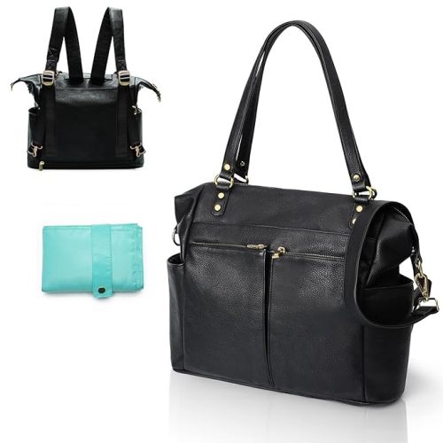Diaper Bag Tote, 4 in 1 Leather Diaper Bag Backpack with 13 Pockets, Convertible Baby Bag Pañaleras Para Bebe for Mom Mommy Bag Hospital Bag, Changing Pad, 4 Large Insulated Pockets(Black)