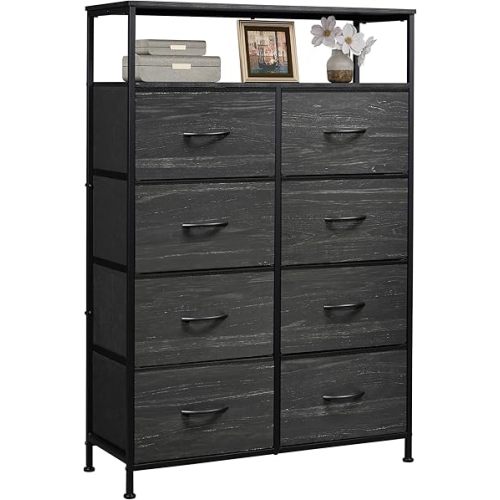 WLIVE Fabric Dresser for Bedroom with Open Shelves, Tall Dresser with 8 Drawers, Storage Tower with Fabric Bins, Chest of Drawers for Closet, Living Room, Hallway, Charcoal Black Wood Grain Print