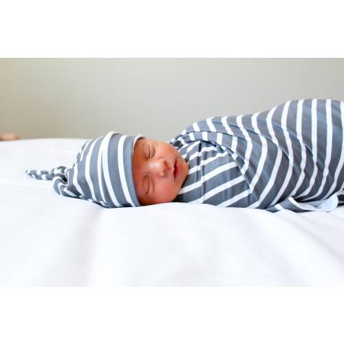 Gray Striped Baby Swaddle Blanket, Newborn Swaddle, Boy/Girl Baby Blanket, Swaddle Set, Top Knot Hat, Gender Neutral Swaddle, Stretchy Knit
