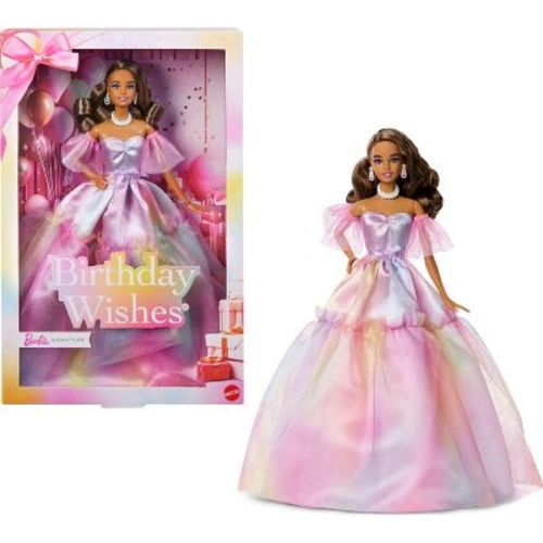 Barbie Signature Birthday Wishes Fashion Doll with Brunette Hair in Dress with Pastel Rainbow Effect